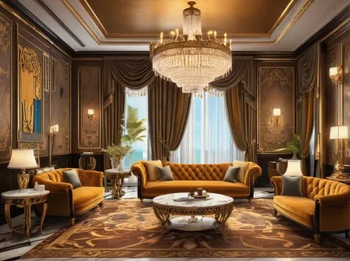 Luxurious 1930s interior design style, vintage Art Deco patterns, ornate gold accents, velvet sofa, intricately carved wooden coffee table, crystal chandelier, marble floors, lavish drapes, richly col