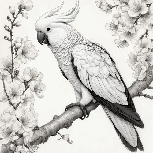 flower and bird illustration,bird illustration,ornamental bird,parakeet,an ornamental bird,bird drawing,Illustration,Black and White,Black and White 30