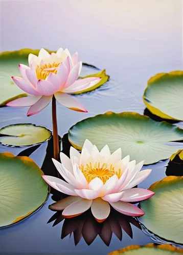 Delicate lotus flower, petals softly unfolding, subtle pink and white hues, gentle ripples on the pond's surface, serene and peaceful atmosphere, warm sunlight casting a golden glow, few water lilies 