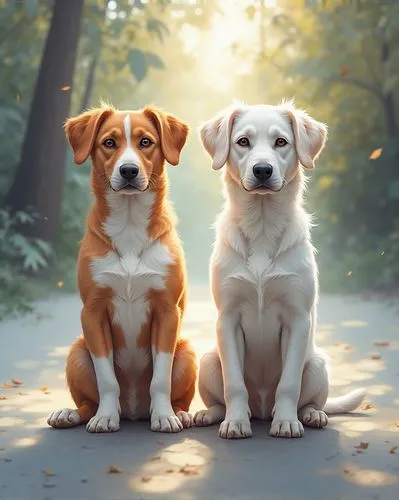 a colorful oil painting of two dogs, in the style of marcin sobas, 32k uhd, animals and people, oil painter, intense light and shadow, ferrania p30,two dogs sitting next to each other on a street,beag