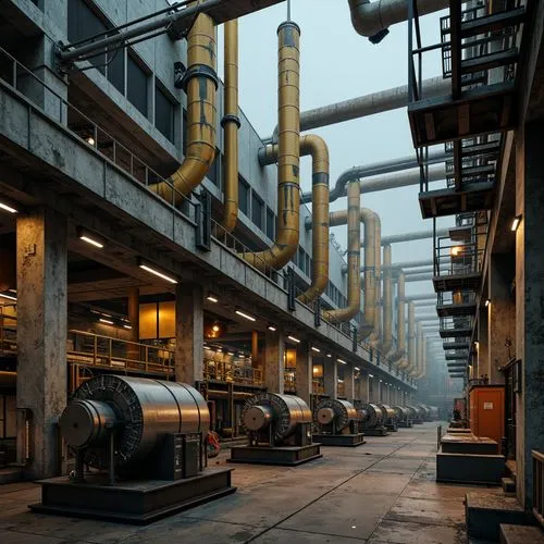 Industrial power plant, metallic structures, steel beams, concrete foundations, thermal insulation, high-temperature pipes, steam turbines, generator machinery, control room electronics, safety railin