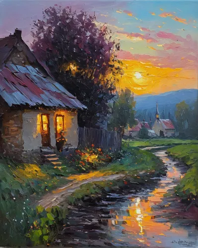 summer cottage,home landscape,cottage,rural landscape,country cottage,summer evening,fisherman's house,lonely house,in the evening,the evening light,small house,painting technique,little house,oil painting,house in mountains,autumn landscape,night scene,house with lake,house by the water,evening atmosphere,Conceptual Art,Oil color,Oil Color 06