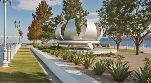 a statue sitting on the top of a cement wall,k13 submarine memorial park,mangalia,mamaia,pogradec,champalimaud,sculpture park,Photography,General,Realistic