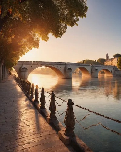 Describe the peacefulness and serenity surrounding Pont d'Avignon during a sunrise.,pont d'avignon,tiber bridge,river seine,rhone,tiber,provence,south france,arles,arno river,sant'angelo bridge,pont d