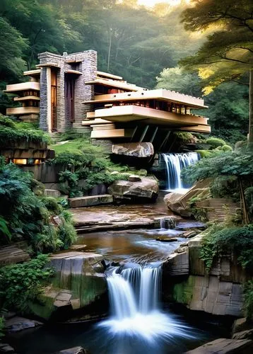 fallingwater,asian architecture,futuristic landscape,futuristic architecture,japanese garden,modernism,japanese zen garden,waterfalls,modern architecture,waterfall,amanresorts,shangri,ryokan,tsuneo,forest house,cascada,japan garden,taliesin,utopian,idyllic,Conceptual Art,Fantasy,Fantasy 05