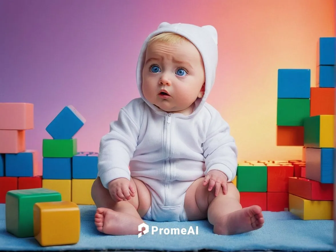 Stewie Griffin, baby face, blonde hair, big blue eyes, innocent expression, white onesie, baby legs, sitting, toy blocks, colorful background, soft focus, warm lighting, 3/4 composition, close-up shot