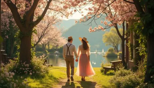 walking in a spring,spring morning,walk in a park,girl in a long dress,printemps,springtime background,girl in a long dress from the back,girl walking away,aerith,promenade,spring background,vintage couple silhouette,japanese sakura background,the cherry blossoms,romantic scene,primavera,hanami,woman walking,in the spring,towards the garden,Photography,General,Realistic