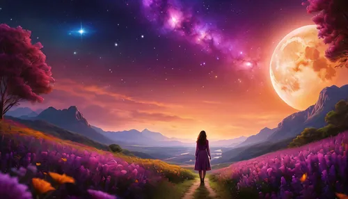 purple landscape,fantasy picture,dreamscape,fantasy landscape,the mystical path,purple moon,dream world,landscape background,world digital painting,dreamscapes,dreamland,nature background,wonderlands,fantasy art,moon and star background,dreamtime,starclan,cartoon video game background,purple wallpaper,dreamlands,Photography,General,Natural