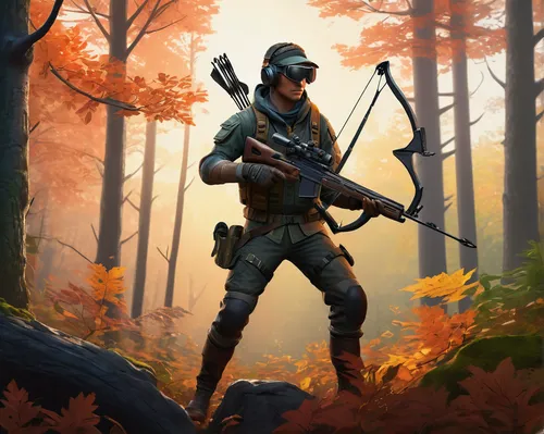 woodsman,rifleman,grenadier,sniper,red army rifleman,ranger,mercenary,game illustration,soldier,paratrooper,autumn background,chasseur,autumn icon,infantry,combat medic,gamekeeper,hunter,lost in war,farmer in the woods,troop,Illustration,American Style,American Style 01