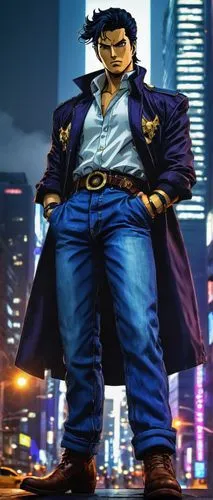 Jotaro Kujo, Stand User, cool confident pose, spiky black hair, intense eyes, bold eyebrows, stylish jacket, white shirt, blue jeans, brown boots, Star Platinum, dramatic lighting, city streets, Tokyo