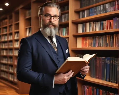 Software architect, mature man, glasses, beard, suit, tie, holding a book, standing in front of a large shelf filled with various programming and design books, background blur, softbox lighting, shall