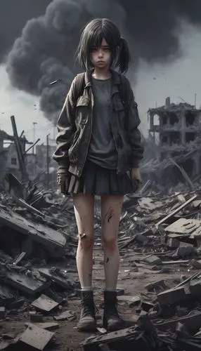 a sad girl , the war never change, destruction,children of war,apocalyptic,post apocalyptic,post-apocalypse,fukushima,lost in war,gunkanjima,stalingrad,world digital painting,post-apocalyptic landscap