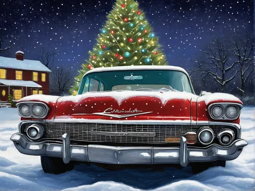 Describe a nostalgic scene of a vintage Chevrolet parked under the twinkling lights of a Christmas tree,retro chevrolet with christmas tree,christmas retro car,christmas car,christmas cars,christmas p