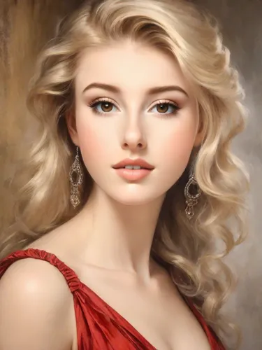 beautiful blonde, portrait, oil painting, Delacroix style, indoor, red dress,blonde woman,romantic portrait,young woman,blond girl,portrait of a girl,blonde girl,photo painting,girl portrait,oil paint