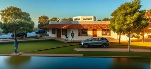 a couple stands outside of their home in the afternoon,mildura,3d rendering,village scene,numurkah,model house,mulwala,narrandera,cunnamulla,sarubbi,renmark,moama,gurukul,3d rendered,gurindji,nyngan,g