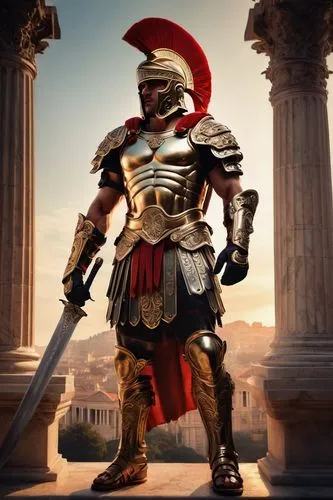 Ancient Roman-inspired armor, intricate engravings, golden accents, ornate helmet with a red plume, muscular male warrior, powerful chest, strong arms, worn leather gloves, bronze greaves, sword at si