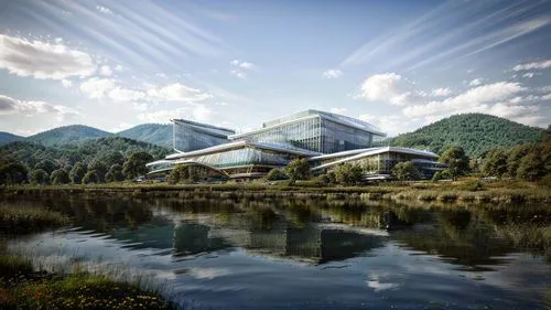 A modern Chinese building, inspired by the Su style, 75 meters long and 25 meters high, with a lake 20 meters in front of the building in the mountains. Consider the relationship between the building 