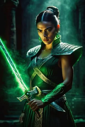 jaya,female warrior,the enchantress,green aurora,celtic queen,heroic fantasy,patrol,swordswoman,warrior woman,jedi,sorceress,anahata,princess leia,tiana,digital compositing,green,cg artwork,fantasy picture,goddess of justice,sterntaler,Art,Artistic Painting,Artistic Painting 31