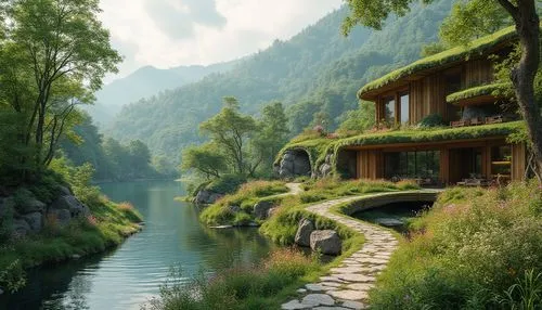 house in mountains,house in the mountains,home landscape,house by the water,seclude,switzerland,house with lake,green landscape,idyllic,beautiful landscape,river landscape,secluded,austria,suisse,nature landscape,tranquility,fallingwater,rivendell,mountain stream,shaoming,Photography,General,Realistic