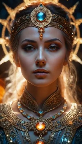 fantasy portrait,priestess,jaya,golden crown,celtic queen,lakshmi,mystical portrait of a girl,fantasy woman,elsa,fantasy art,cleopatra,star mother,elven,warrior woman,goddess of justice,female warrior,artemisia,aura,sorceress,mary-gold,Photography,General,Fantasy