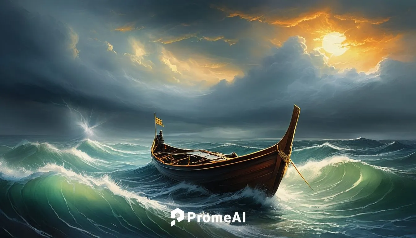 Amidst the ferocious storm, the tiny boat danced on the waves, its sailor gripping the helm with unyielding resolve. The tempest howled and raged, yet he held steadfast. Then, as dawn broke, golden ra