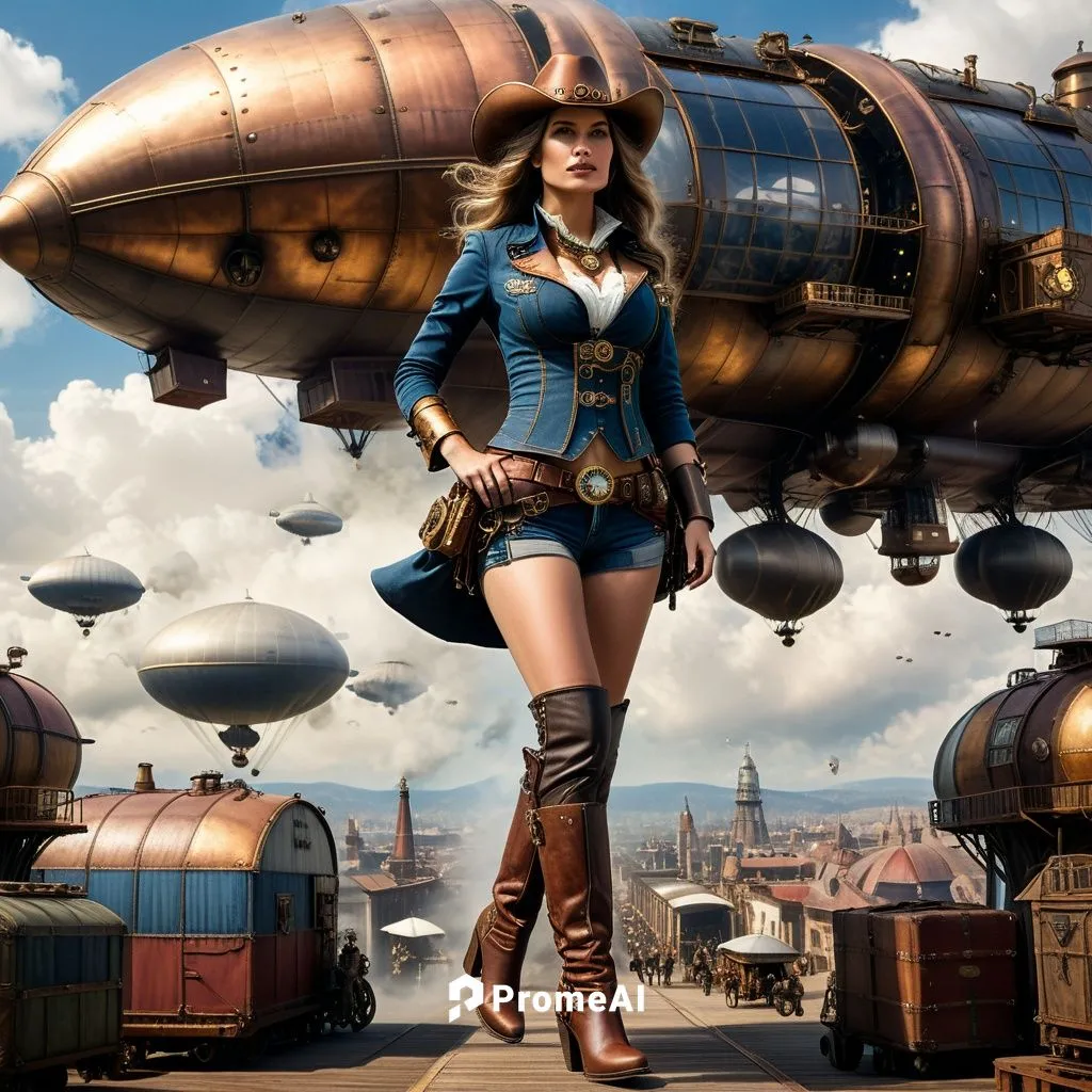 Ein cowgirl das gemächlich durch eine Steampunk Metropole reitet und nebenbei eineige Fracht und Pasagierzeppeline sowohl an Landeplätzen als auch in der luft beobachtet,airships,airship,steampunk,fal