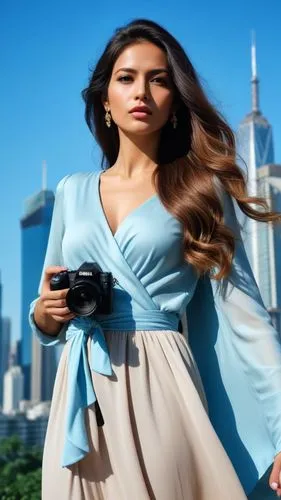 a woman with long, flowing hair stands in front of a sun-kissed cityscape. She holds a camera in her hand, her eyes focused on the camera. The background is a canvas, with tall buildings and blue skys