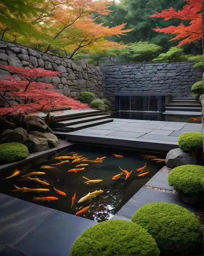 Sasaki, modern landscape architecture, grand staircase, sleek lines, minimalist design, lush greenery, natural stone walls, wooden accents, serene atmosphere, tranquil pond, koi fish swimming, Japanes