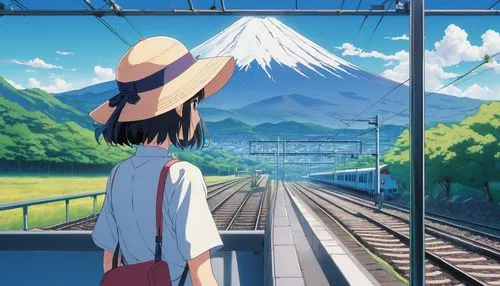 train ride,the girl at the station,studio ghibli,summer day,last train,railroad,scenery,train,shinkansen,travel poster,yamada's rice fields,darjeeling,railway,journey,station,high sun hat,track,straw hat,sky train,japan landscape,Illustration,Japanese style,Japanese Style 04