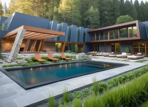 luxury property,pool house,forest house,modern house,chalet,modern architecture,Photography,General,Realistic