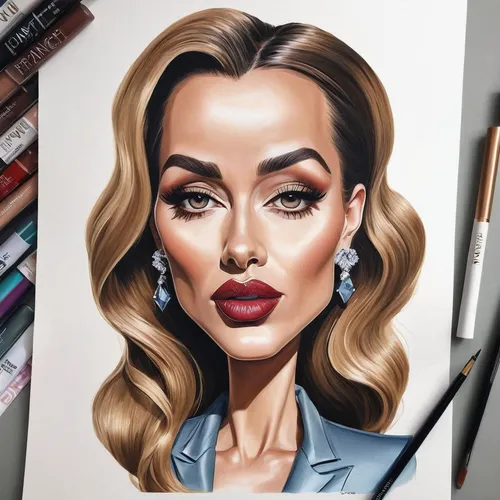 Create a caricature of a celebrity with exaggerated features,copic,fashion illustration,contour,havana brown,dali,airbrushed,vector illustration,caricaturist,drawing mannequin,colour pencils,audrey,wa