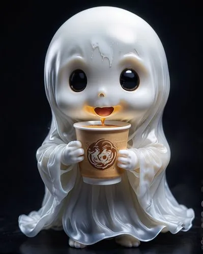 "a gracefu cute chibi ghost, white, translucent. bring me a coffee. black background . photorealistic. movement",halloween coffee,tea candle,macchiato,tea cup fella,chinese teacup,cute coffee,teacup,l