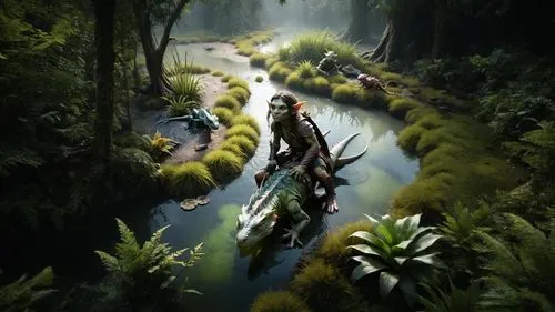 fantasy picture,elves flight,hunting scene,rain forest,3d fantasy,swamp,elven forest,jungle,tarzan,diorama,fantasy landscape,rainforest,tumpaksewu,full hd wallpaper,digital compositing,forest fish,for