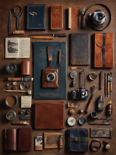 old suitcase,compartments,leather suitcase,assemblage,still life photography,photographic equipment,photograph album,leather compartments,steamer trunk,organization,leather goods,flat lay,the living room of a photographer,ambrotype,toolbox,objects,antiques,vintage camera,woodtype,antique background,Unique,Design,Knolling