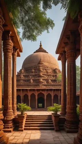 Ancient Indian temple-inspired architecture, India Art Architecture Design Biennale 2023, vibrant colors, intricate carvings, ornate pillars, grand entrance gate, majestic dome, delicate stone lattice