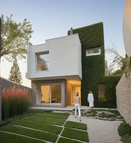 As you walk down the serene garden, you hear the soft hum of blooming flowers overhead, and they chime with an otherworldly energy. The exterior of the house is minimalist, complete with a wooden entr