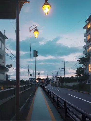 Anime style
,the long sidewalk is very narrow but has an interesting light,shinbo,enoshima,streetlamps,straylight,overpass,hosoda,streetlight,nocturne,streetlights,hiratsuka,virtual landscape,street l