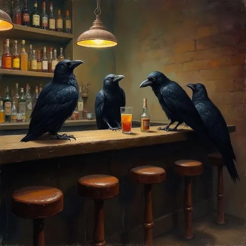 realistic detailed painting of crows drinking in a bar  they are on stools,three crows sit at the bar and stare at each other,nighthawks,blackbirds,crows,jackdaws,3d crow,corvids,Illustration,Realisti