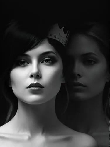 Portrait of a queen, technically optimal high-resolution contemporary black and white photographic art.,two women wearing crowns and posing for the camera,derivable,queenship,countesses,margaery,pries