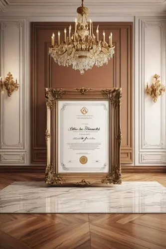 Certificate, golden frame, ornate details, rectangular shape, hanging on wall, interior design, modern architecture, luxurious materials, marble background, wooden floor, elegant chandelier, softbox l