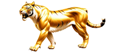 Saber-toothed tiger, golden fur, white belly, sharp claws, muscular legs, powerful chest, regal pose, logo design, 3D illustration, metallic material, reflective surface, high contrast lighting, close