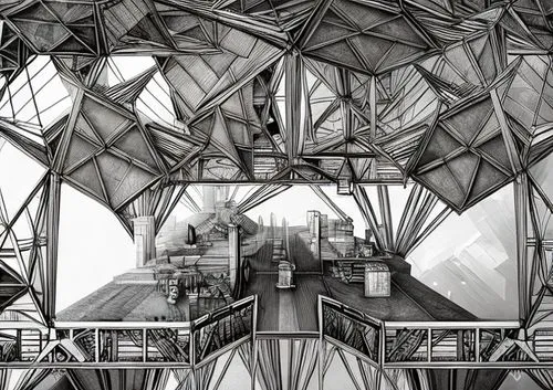 wood structure,escher,futuristic architecture,atomium,roof structures,honeycomb structure,glass pyramid,roof domes,structures,biomechanical,solar cell base,oculus,hexagonal,building honeycomb,structur