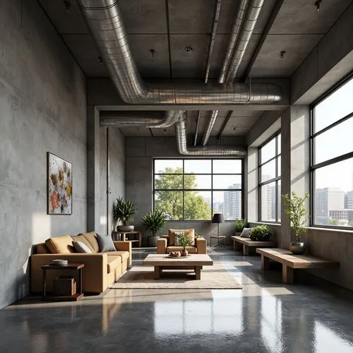 loft,lofts,concrete ceiling,3d rendering,modern office,modern decor,interior modern design,daylighting,apartment,minotti,contemporary decor,render,living room,penthouses,apartment lounge,an apartment,interior design,modern living room,3d render,associati