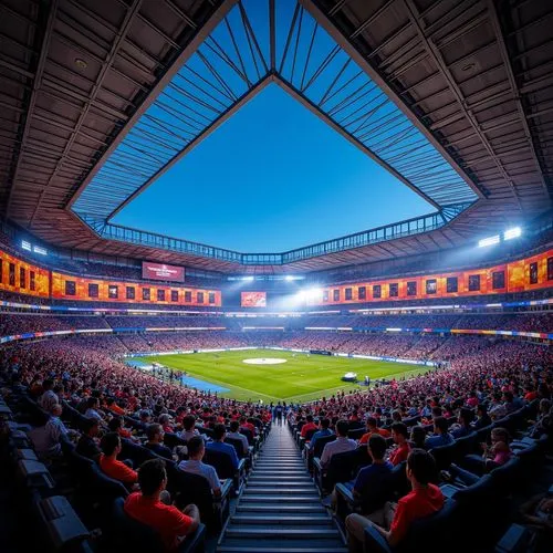 Vibrant stadium atmosphere, dynamic crowd energy, bold team colors, contrasting seating areas, sleek modern architecture, angular lines, metallic materials, LED lighting systems, electric blue accents