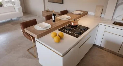 Minimalist style kitchen,a kitchen counter with two glasses on top and some yellow fruit sitting on the sink,corian,kitchen design,countertops,modern kitchen interior,gaggenau,modern kitchen,Photograp