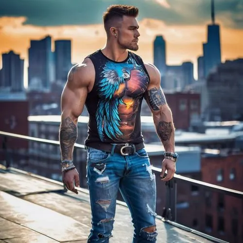 Muscular man, forearm, hawk tattoo, detailed feathers, sharp talons, bold black outlines, colorful shading, sleeveless shirt, ripped jeans, boots, standing, confident posture, urban rooftop, cityscape