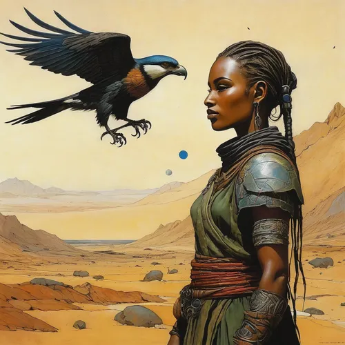 warrior woman,afar tribe,black raven,falconer,heroic fantasy,corvidae,african woman,sci fiction illustration,crow queen,female warrior,black crow,raven bird,bird of prey,raven girl,the wanderer,raven,black bird,harpy,bird bird-of-prey,birds of prey,Illustration,Realistic Fantasy,Realistic Fantasy 06