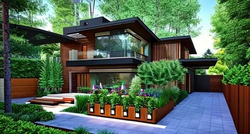 Generate a captivating image of a modern house with dark wooden walls and a stunning high-tech garden immersed in nature.,garden design sydney,landscape design sydney,landscape designers sydney,bamboo