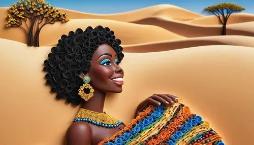 Moabite woman, dark skin, African features, curly black hair, golden earrings, traditional clothing, colorful beads, bright smile, warm eyes, sitting, desert landscape, sandy dunes, acacia trees, clea