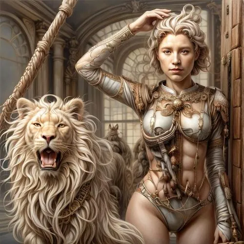 she feeds the lion,female lion,fantasy art,lion - feline,lioness,lionesses,two lion,lion,female warrior,fantasy picture,warrior woman,fantasy portrait,fantasy woman,zodiac sign leo,white lion,forest king lion,lion white,lions couple,sci fiction illustration,biomechanical